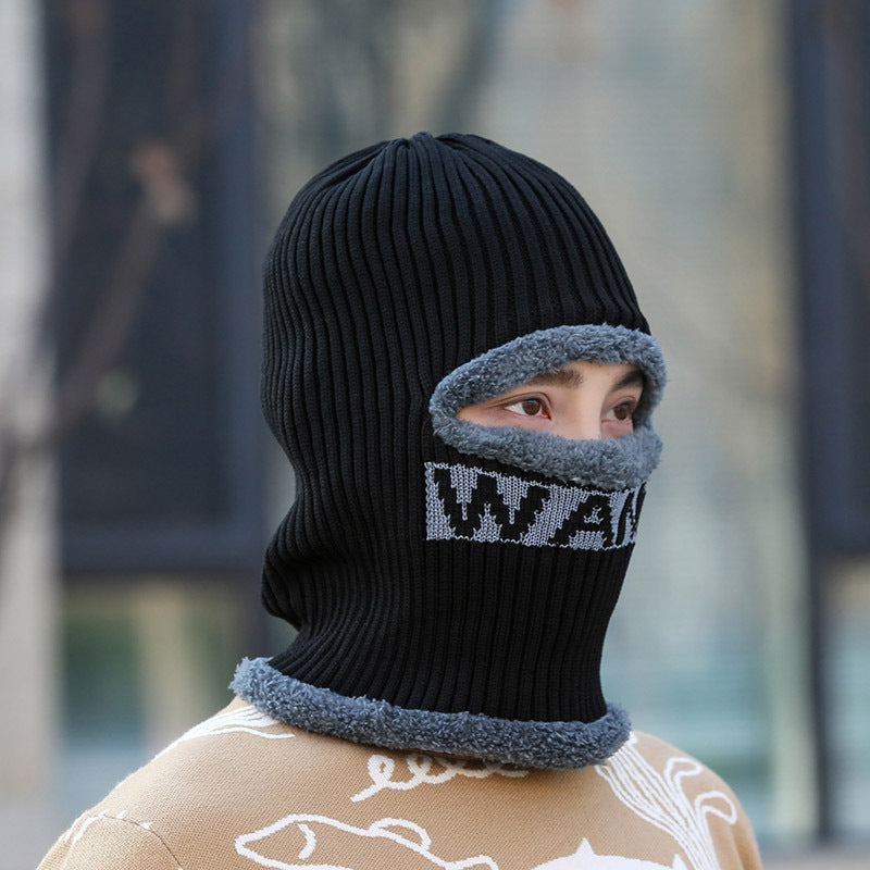 Wholesale Men' s winter warm wool f one-piece hat with velvet and thick fur,  cycling face protection and cold-proof cotton knitted hat